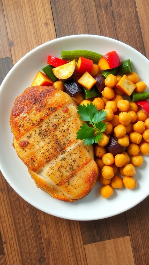 A healthy meal with air-fried chicken, roasted vegetables, and crispy chickpeas on a white plate.